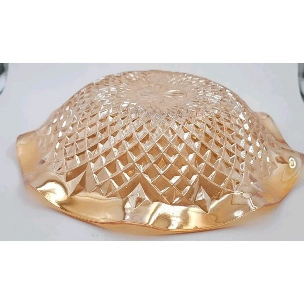 Vintage 1940s Indiana Glass Orange Carnival Glass Ruffled Diamond Point Bowl 11